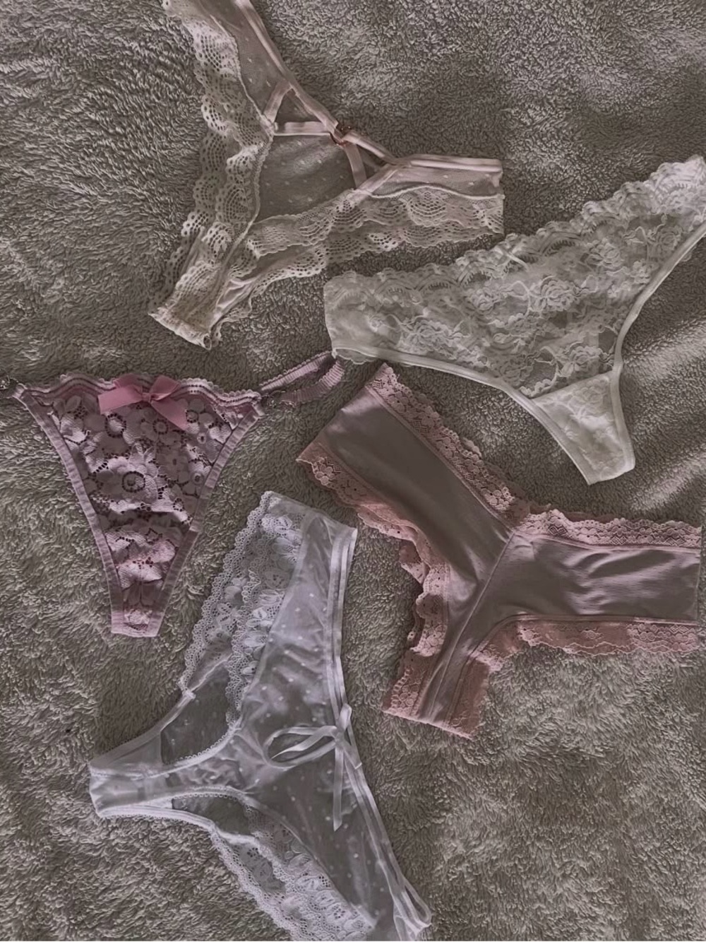 Lace & Mesh Bikini Panty Set — Pink and White